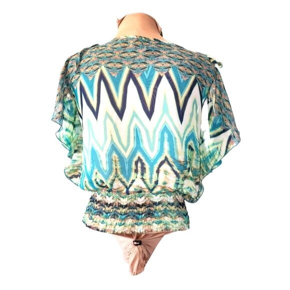 Wet Seal Sheer Green Abstract Print Tied Cold Shoulder Smock Waist Blouse Size M - Picture 5 of 8